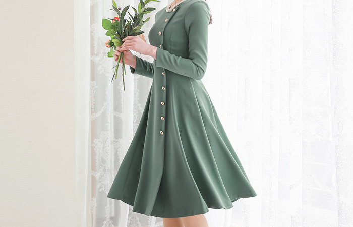 Julia Side Gold Button Flared Dress