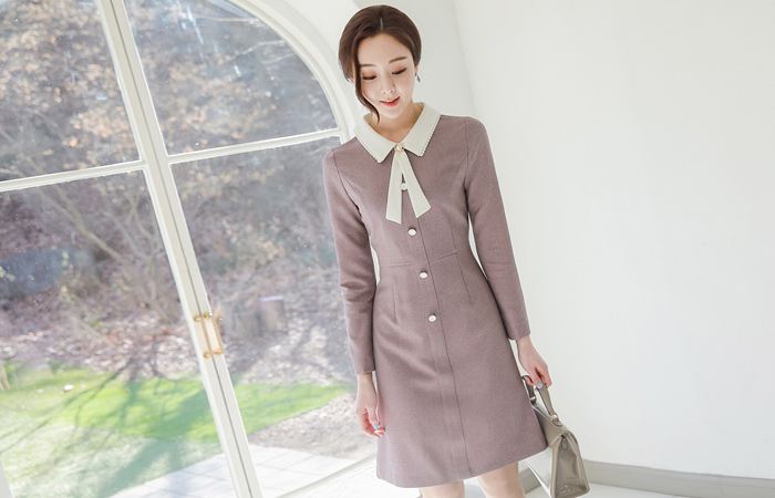 Pearl Tie Collar Color Combination Button Dress