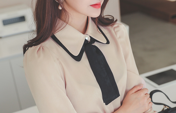 Ribbon-Tie Color Combination Satin Pearl Blouse