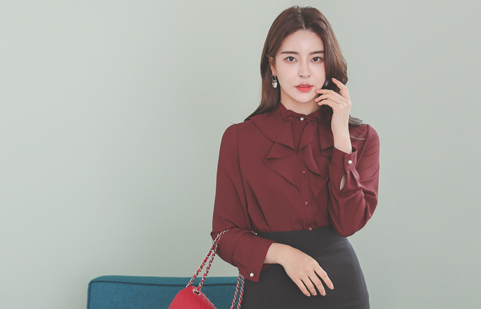 Triple Ruffle Line Pearl Half-Neck Blouse