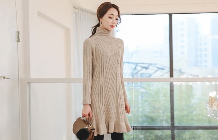 Twiddle Full Cardigan Stitch Turtleneck Wool Knit Dress
