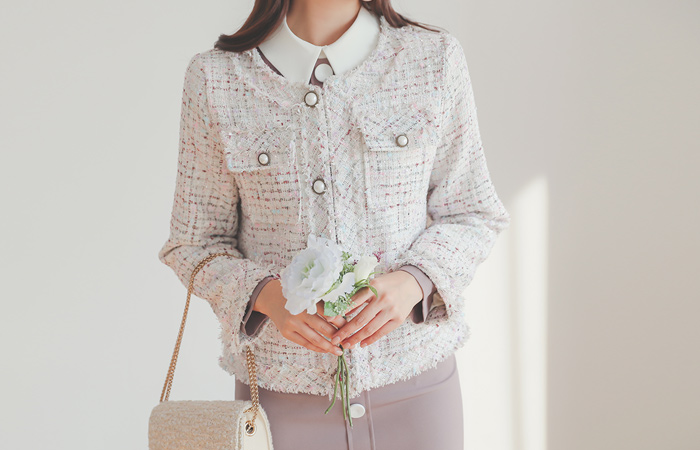 Romantic Fringe Tweed Pearl Pocket Jacket