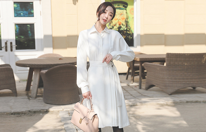 Side Pleats Belt Wrap Shirt Dress
