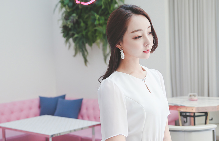 Chiffon Sleeve Pearl Neck Gown Dress