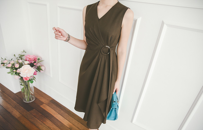 Gold Ring Drape Wrap Flare Dress