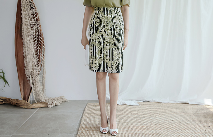 Stripe leaf Linen Skirt