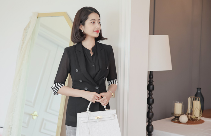 Stripe color combination See-through look Double jacket