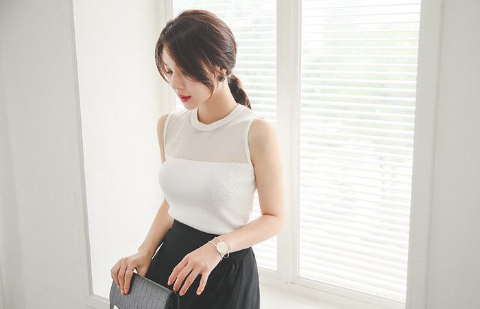 See-through Top Sleeveless Round Sleeveless shirts