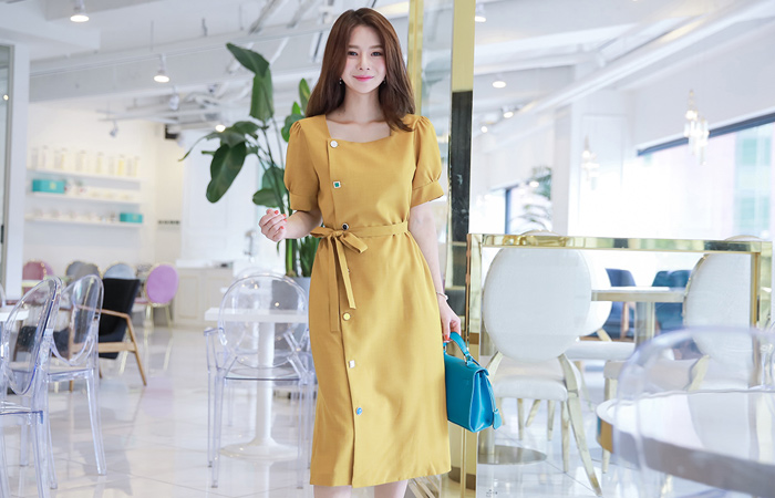 Jewelry Button Line Square Neck Dress