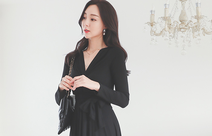 Shirring Wrap Belted Unbalance Flared Span Dress