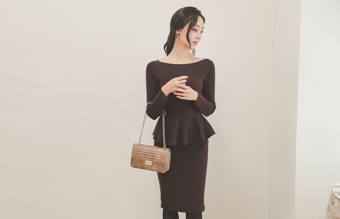Boat Neck Frill Peplum Knit Dress