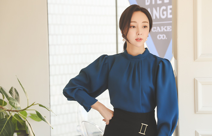 Pintuck Cuffs Roll-Neck Blouse