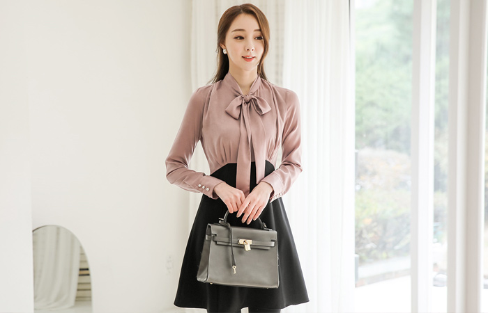 Satin Tower Flare Dress with Ribbon Tie