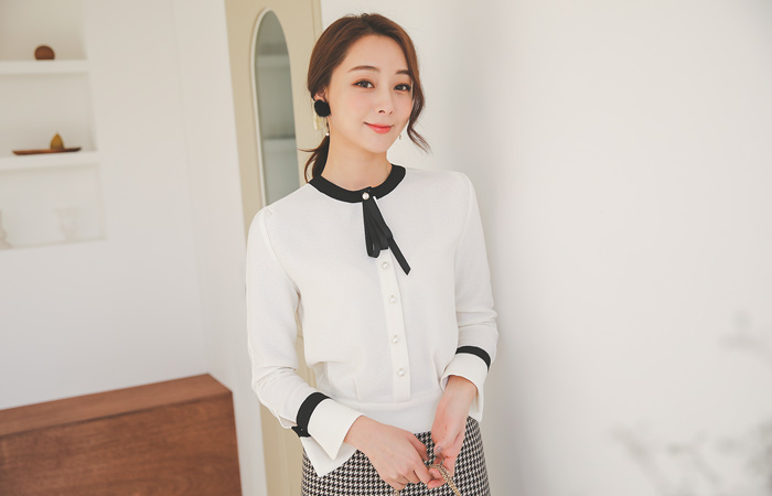 pearl cuffs color combination bowknot Blouse