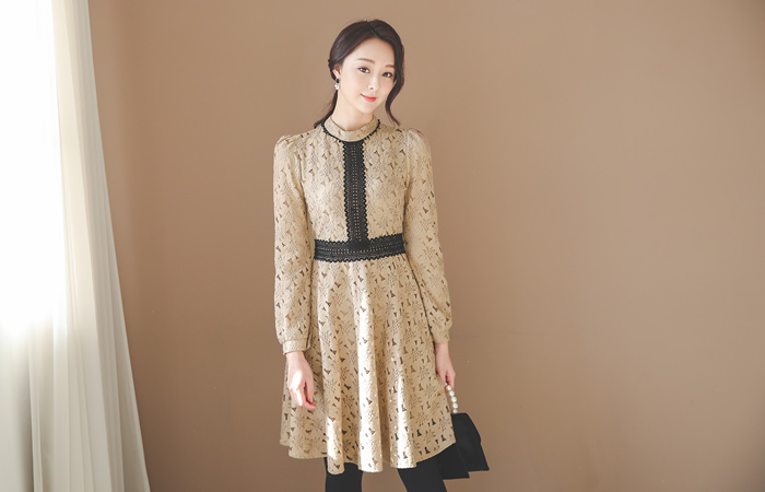 Eyelet Lace Color Combination Flared Dress