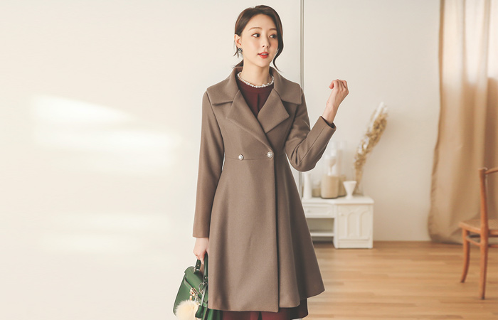 Wide Collar Pearl Buttons A-line Coat