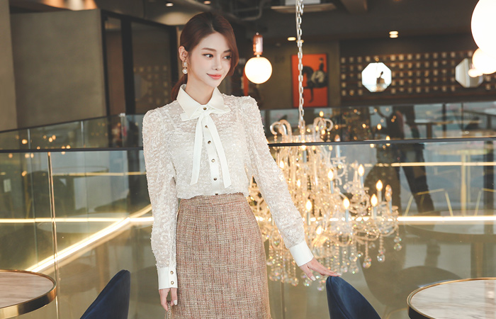 Pearl Fringe Satin Ribbon Collar Blouse