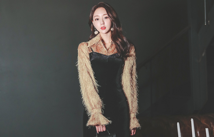 Pearl Fringe Ruffle Cuffs Collar Blouse