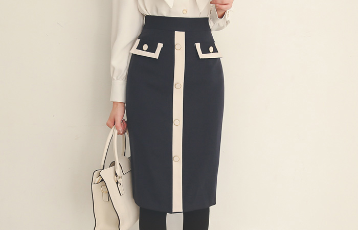 Gold Button Pocket Patch Color Combination Skirt