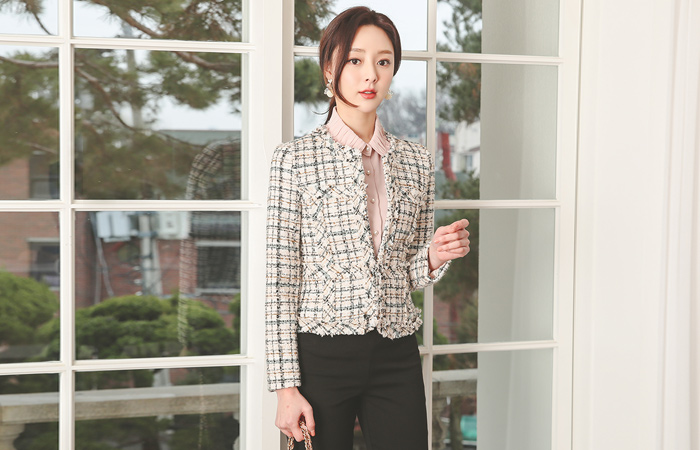 Fringe Color Combination Pearl Tweed Short Jacket