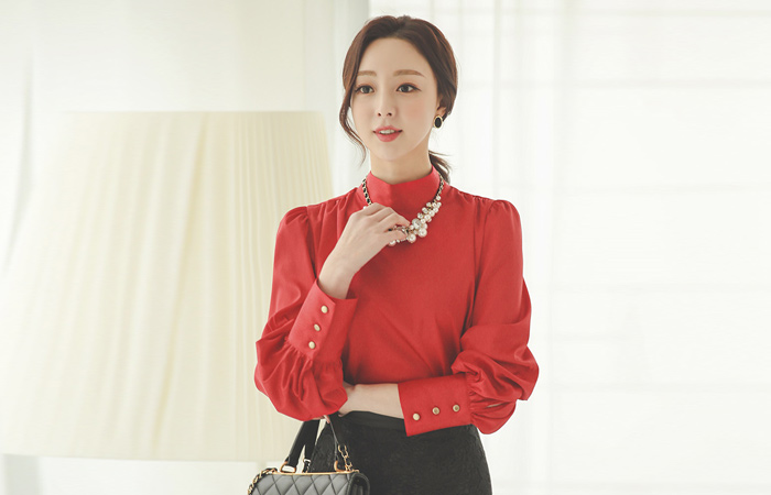Salon Shirring High-Neck Bishop-Sleeve Satin Blouse