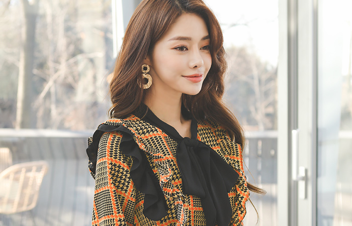 Hound's-Tooth Check Square Tie Frill Line Long Dress