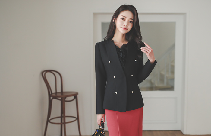 Double Pearl Decoration No-collar Cutting-line Jacket