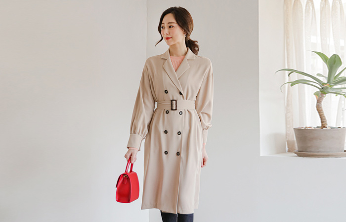 Square Belted Shirring Cuffs Trench Coat