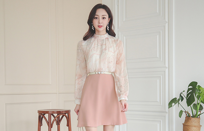 High-Neck Mable Color Combination Flared Dress