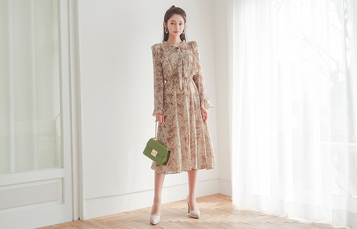 Marigold Ribbon-Tie Ruffle Chiffon Dress