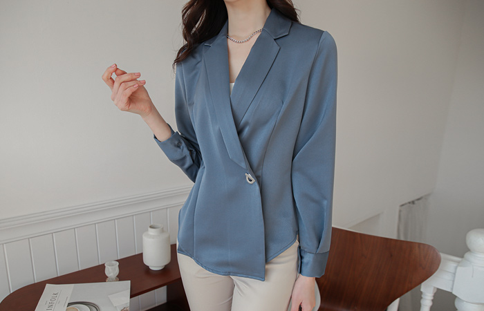 Shirt Collar Silver Ring Satin Blouse