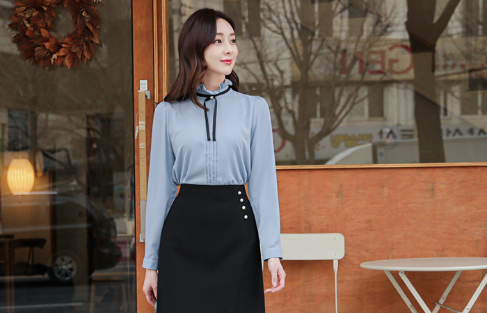 Black Tie Pintuck Frill Neck Blouse