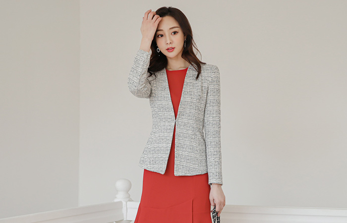 Silver Pearl Tweed No-collar Jacket