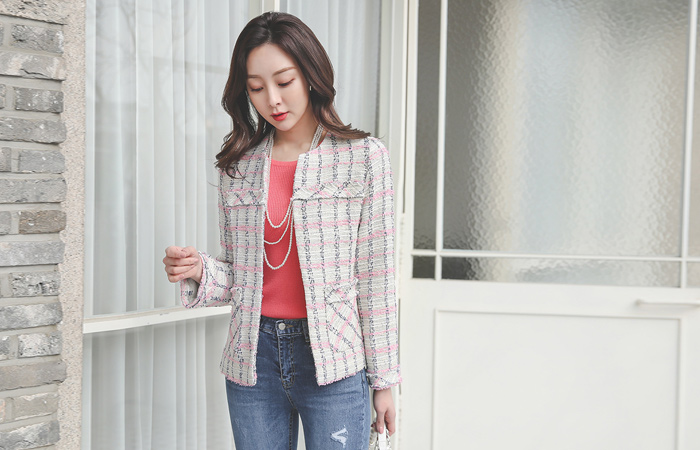 Lavender Color Fringe Color Combination Tweed Jacket