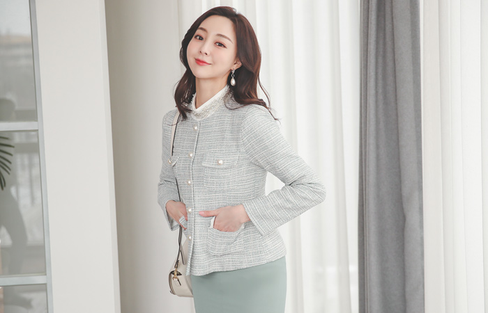 Spring Tweed Pearl No-collar Jacket