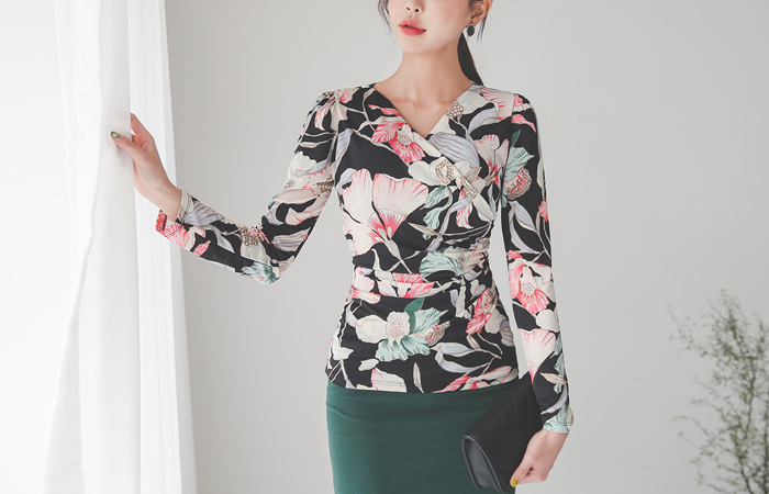 Lily Flower Wrap Shirring Blouse