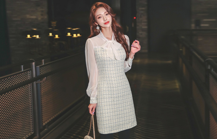 See-through Chiffon Color Combination Tweed Mini Dress