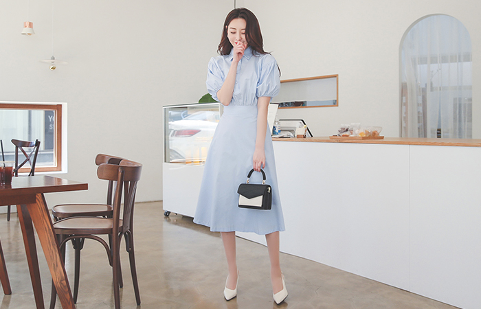 Cotton Puff Sleeves Back Banding Dress