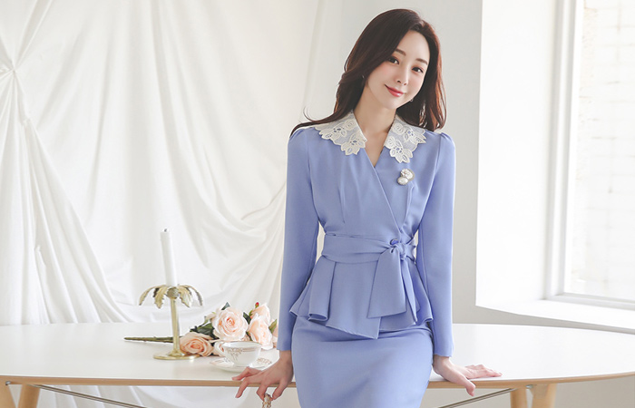 Motive Lace-Embroidery Button-Wrap Peplum Jacket&Blouse