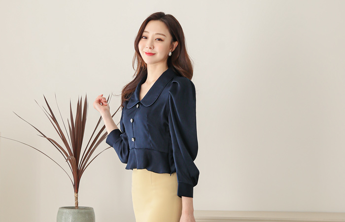 Skily Puff Jewelry-Button Short Peplum Blouse