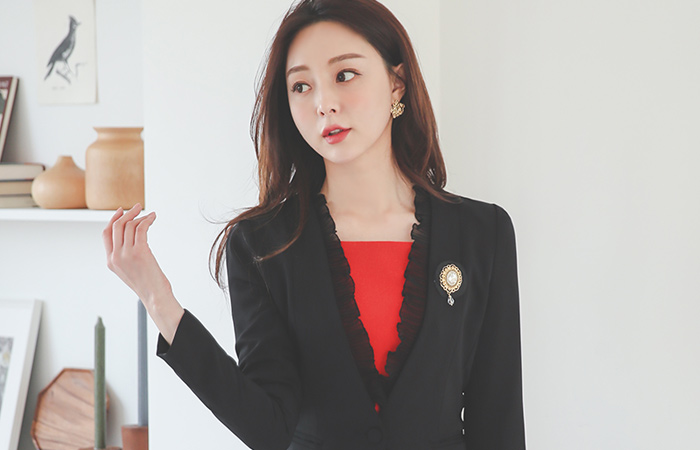 Chiffon Frill Trimming No-collar Jacket