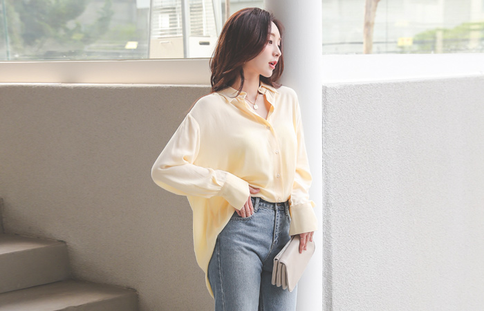 Crepe Wrinkle Back-Shirring Loose Unbalance Long Shirts