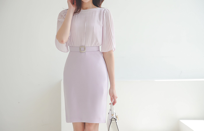 Chiffon Pleats Wing Sleeves Square Belt Dress