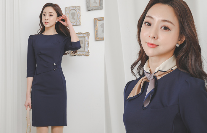 Pearl D-ring Unbalance Shirring Span Dress