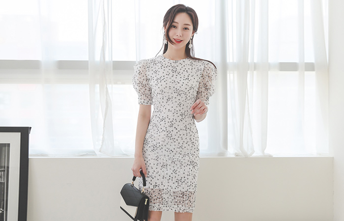 Tiny Flower Spangle Lace Puff Dress