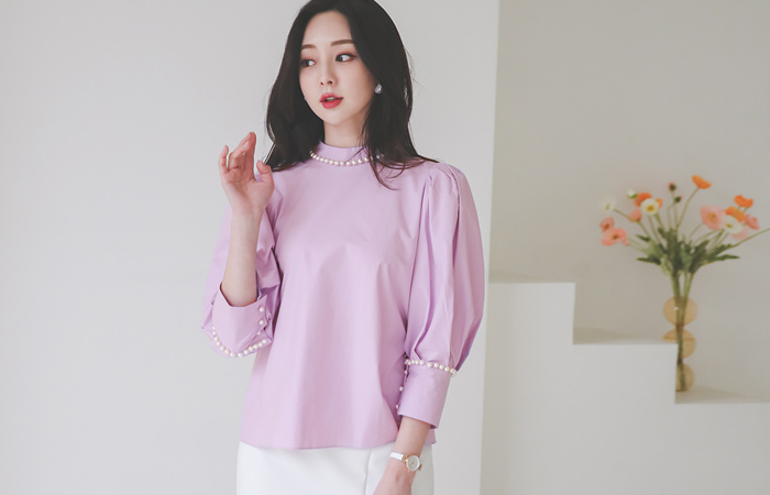 Luxury Mini-Pearl Puff Cotton Blouse
