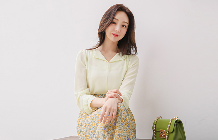 Canoe Wing Collar Shirring Chiffon Blouse