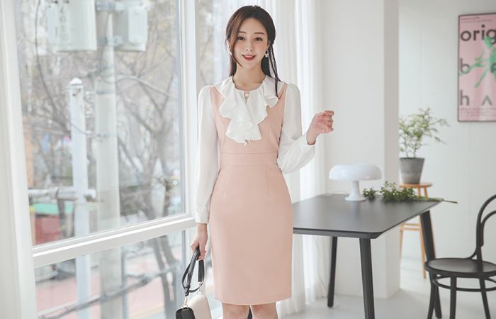 Gold Pearl Ruffle Line Chiffon Sleeves Span Dress