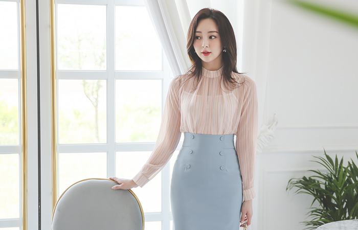 High-Neck Stripe Chiffon Blouse