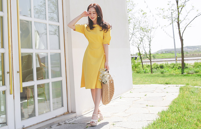 Linen Pintuck Puff Sleeves Flared Dress